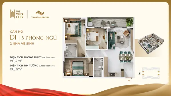 Mẫu D1 · 3PN · 2WC · 80,4 m²