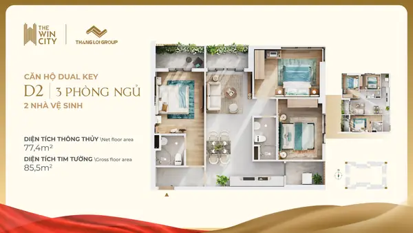 Mẫu D2 · 3PN · 2WC · Dual Key · 77,4 m²