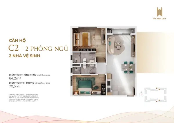 Mẫu C2 · 2PN · 2WC · 64,2 m²