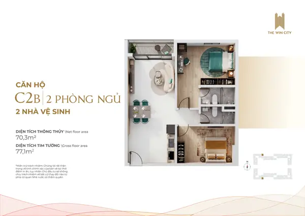 Mẫu C2b · 2PN · 2WC · 70,3 m²